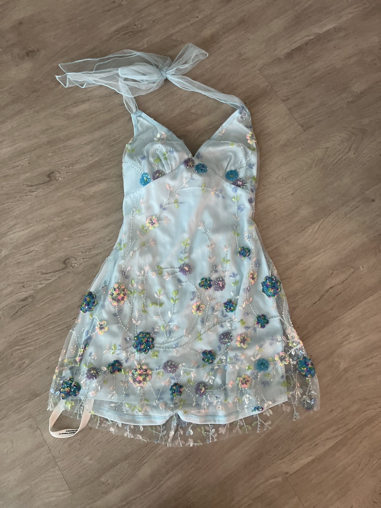 XS Floral Sequin V-Neck Dress in Blue - Lucy In The Sky