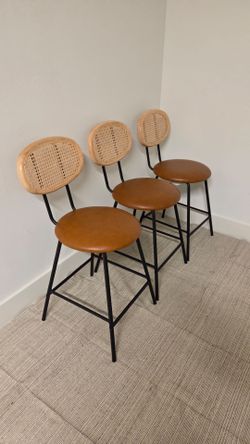 Modern Boho Cane & Cognac Counter Stools (Set of 3 + 1 Free)
