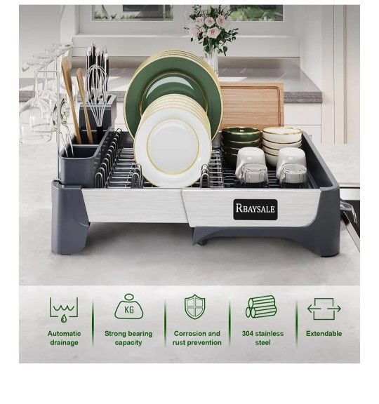 RBAYSALE Large Expandable Stainless Steel Dish Rack With Aluminum Pull Plate, Wine Glass Holder and Utensil Holder