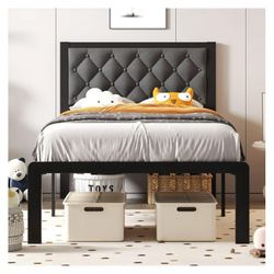 New Twin Bed Frame with Linen Upholstered Headboard, Metal Support, No Box Spring Needed, Noise Free, Under Bed Storage, Easy Assembly, Grey  New in b