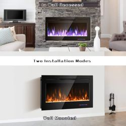 40-Inch Electric Fireplace, 750W/1500W Wall Recessed and Mounted Fireplace