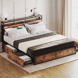 Queen Bed Frame with Storage Drawer, 2-Tier Storage Headboard with Charging Station