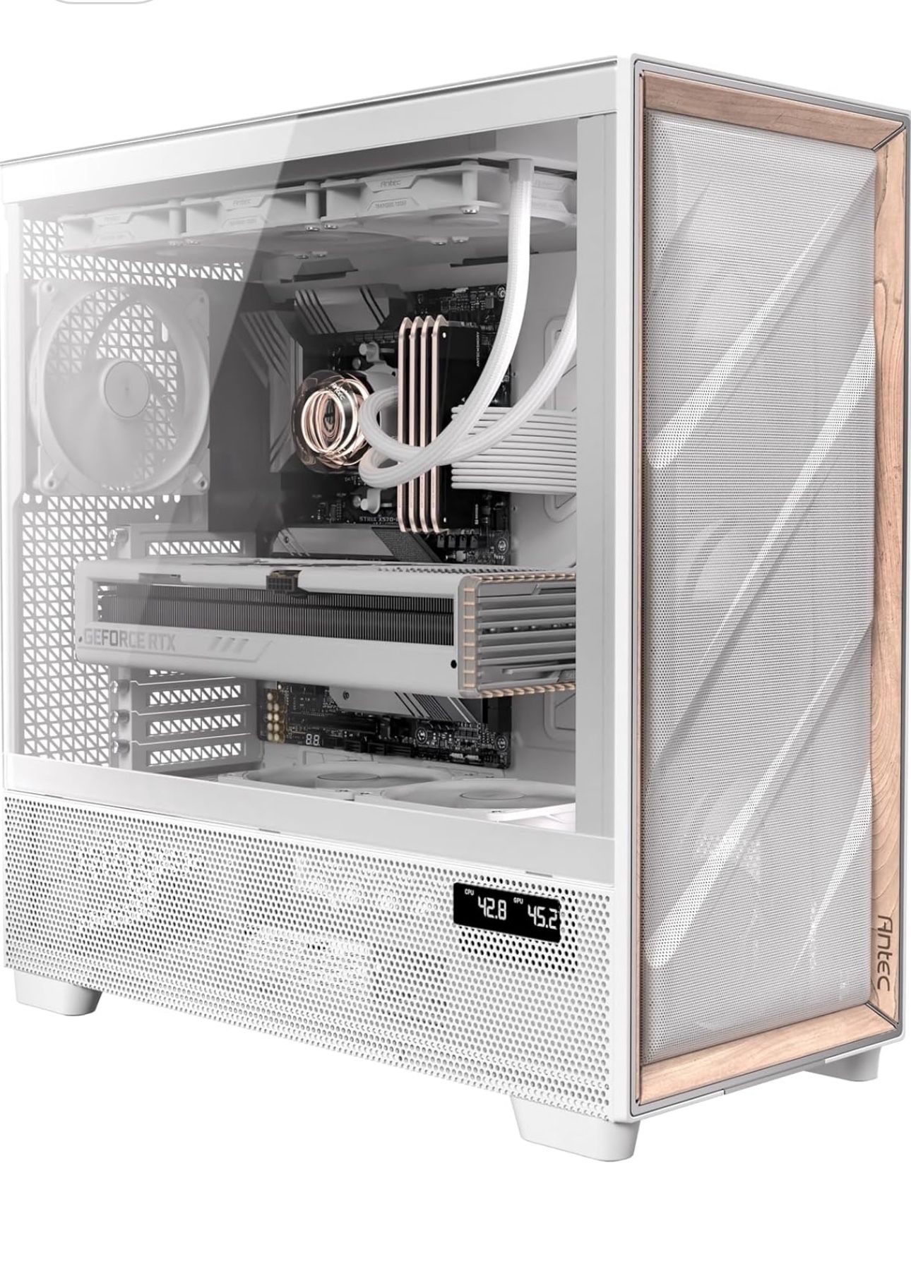 Antec Flux Pro White, 6 x PWM Fans Included, High-Airflow Front Panel with Birch Wood, iShift PSU 90