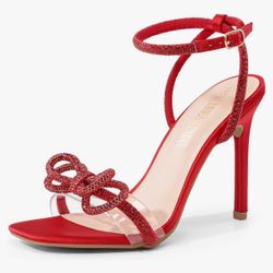 DREAM PAIRS Women's Double Bowknots Crystal Sandals Clear Slingback Heels Square Toe Shoes for Party Wedding