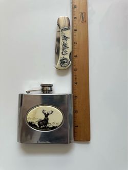 5 oz Stainless Steel Flask & Pocket Tool Native American, Buffalo & Stag