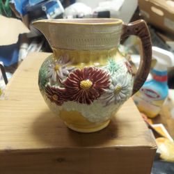 Antique 1800s Majolica Sunflower Stoneware Pitcher 