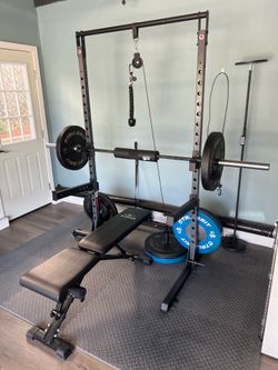 Power Rack + Bumper Weights + Bench + Cable Attachments