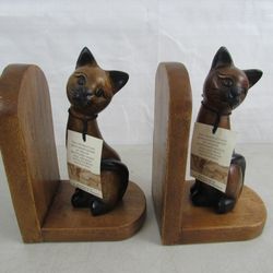 Hand Carved Wooden Cat Figurines Bookends 9" Tall



