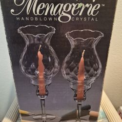 Brand New Menagerie Handblown Crystal Footed Hurricane Lamps Set of 2  12" High 