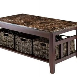 Winsome Woodf Zoey Faux Marble Coffee Table with 3 Baskets, Walnut