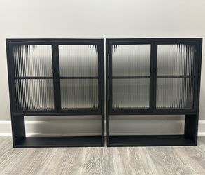 Glass door storage shelves