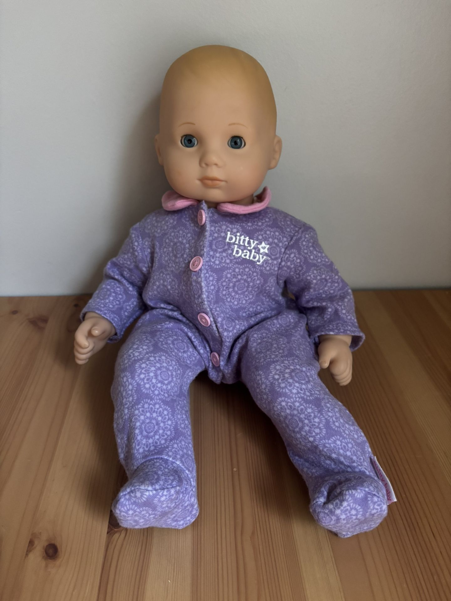 American Girl Bitty Baby Blonde Doll Blue Eyes Purple Sleeper Coverall One Piece
