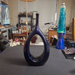 Modern Dark Blue Glazed Ceramic Hollow Geometric Teardrop Vase - Nordic Interior Design 12"H x 6.25"W