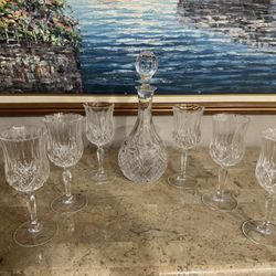 Six Crystal Wine, Glasses, And One Wine Decanter