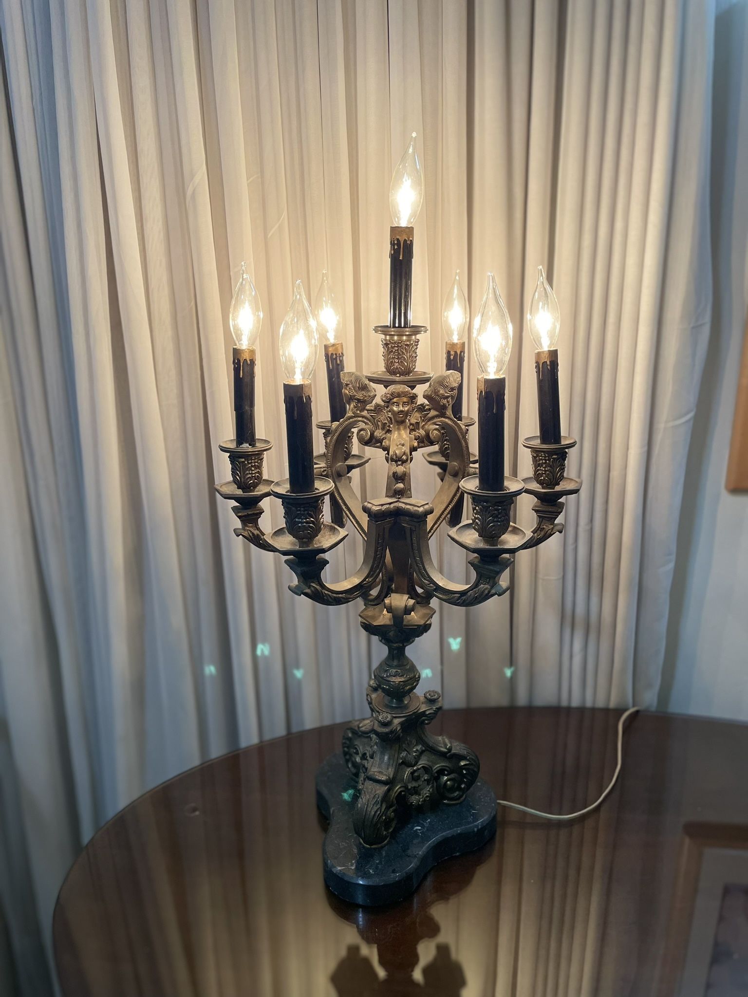 Vintage 7 Light Brass and Marble Candelabrum Table Lamp