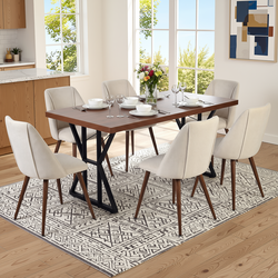 Homy Casa LEONARD+KALI 7PC Dining Set 63" Table with 6 Beige Fabric Chairs Walnut Metal Legs