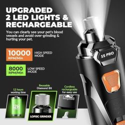 Dog Nail Grinder with 2 LED Lights Powerful 2 Speeds Super Quiet Dog Nail Trimmers with 3 Grinding Wheels Rechargeable