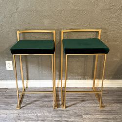 Modern Low Back Velvet Fuji Stacker Bar Stools Gold Dark Green Set of 2