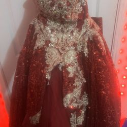 Dark Red And Gold Quinceañera Dress 
