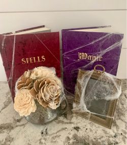 Halloween Decor Velvet Magic Spell Books Antique Frame Vintage Flower Arrangement