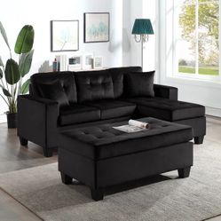 Naomi Black Velvet Sectional with Ottoman & Sofa Couch 