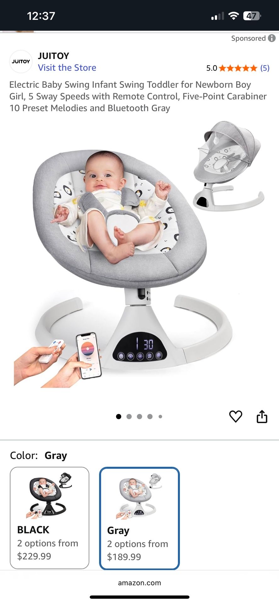 Electric Baby Swing Infant Swing Toddler for Newborn Boy Girl, 5 Sway Speeds with Remote Control, Five-Point Carabiner 10 Preset Melodies and Bluetoot