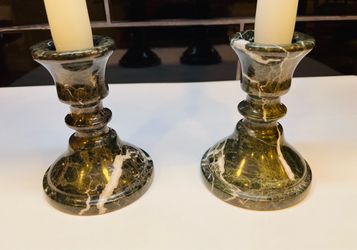 Stunning natural marble stone candlestick holders in deep green/white