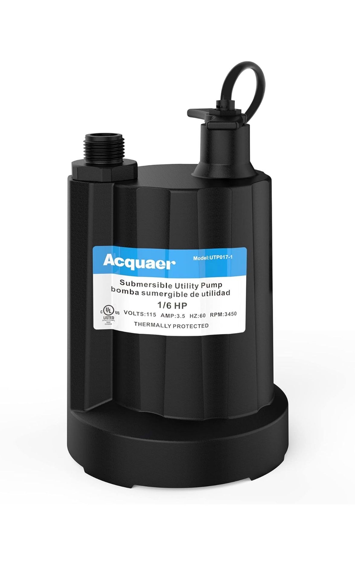 Acquaer Submersible Water Pump 1/6 HP Sump Pump Thermoplastic Utility Pump Small Electric Water Pump 1750 GPH Water Remove for Basement Hot Tubs Garde