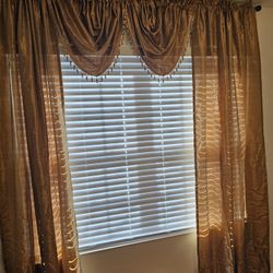 $150.00 - Antique Gold Tone Curtain Panels + Valances with Faux Gems & Tassels Accents!  "Bundle Price Offer" (9) Pkgs!  Like New!