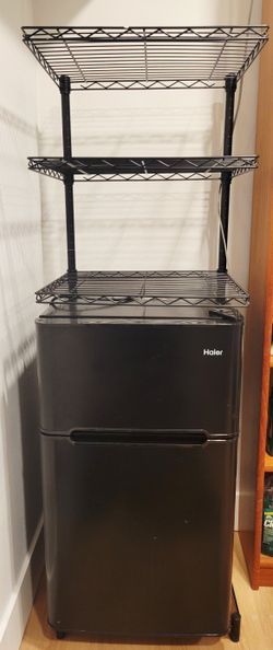 Haier Mini Fridge with Freezer + 3-Tier Metal Storage Shelves – $150