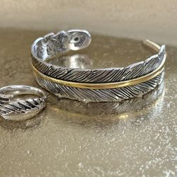 Feather Metal Bracelet And Ring Set NEW
