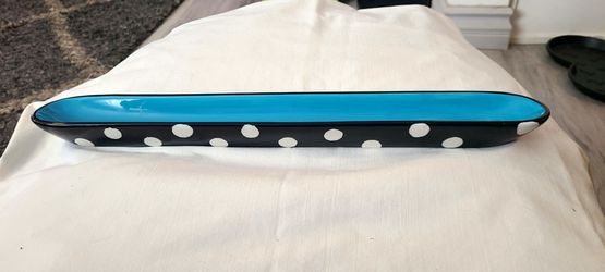 Olive/Cheese Tray. Beautiful Hand-Painted Designer by Ganz Bella Casa. Blue, black, with White polkadots. 16.6" long! Pick up YUCAIPA. No Shipping.