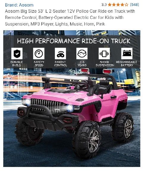 Aosom 12V Ride-on Truck with Remote Control, 2-Seater Battery-Operated Electric Car for Kids with Music 