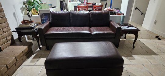 Dark Brown Faux Leather Sofa with Storage Ottoman