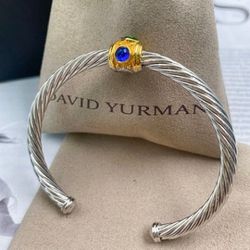 Auth DAVID YURMAN Sterling Silver and 18k Gold Gemstone Cable Cuff Bracelet