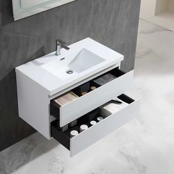 36 Inches Single Bathroom Vanity with Ceramic Sink, All Wood Floating Vanity with Sink, Bathroom Cabinet with Soft Close Drawer, Modern Vanities with 