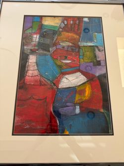 Vintage Original Abstract Cubist Collage Painting Helga Browne Scarlett Mid Century Style