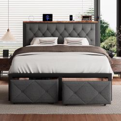 New full size bed frame with charge station and drawers