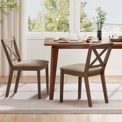 New Set of 2 Costway Dining Chairs w/ Upholstered Seat & Breathable Wooden X-shaped Back