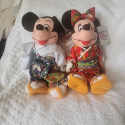 Authentic Disney Japanese Kimono Mickey & Minnie 10" Bean Bags