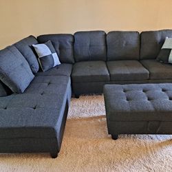 New Charcoal Grey Linen Sectional with Storage Ottoman