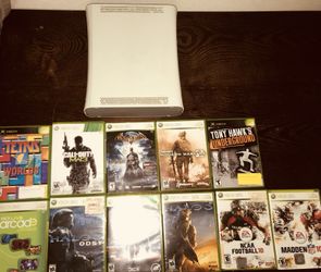 XBox with video games, headset, and cable