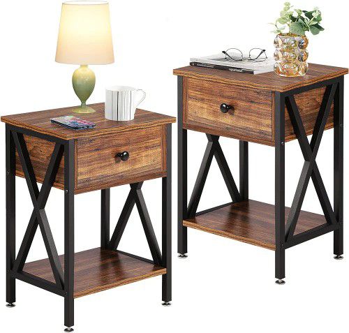 SIDE table / Rustic brown Modern Nightstands X-Design Side End Table Night Stand Storage Shelf with Bin Drawer
Total 2 side 