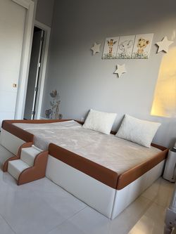 Floor Queen Size Upholstered Kids/Adult Bed with Stairs