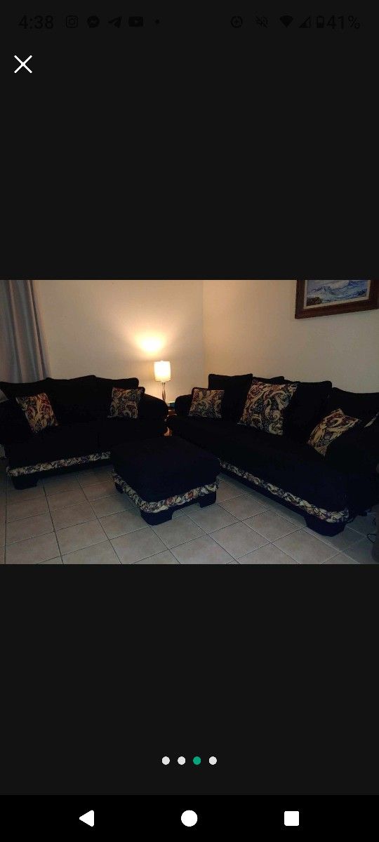Couch...Love Seat...Ottoman... Black with Flower Trim... Reversible Pillows...SEE DESCRIPTION. PICK UP MAY 27 OR 28!