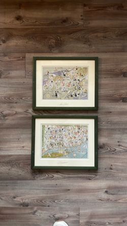 Pair Vintage Style Art Map Prints Connecticut New York