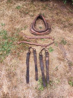 Antique leather horse / ox collar, leather horse harness straps, Primitive Harness Yoke Iron