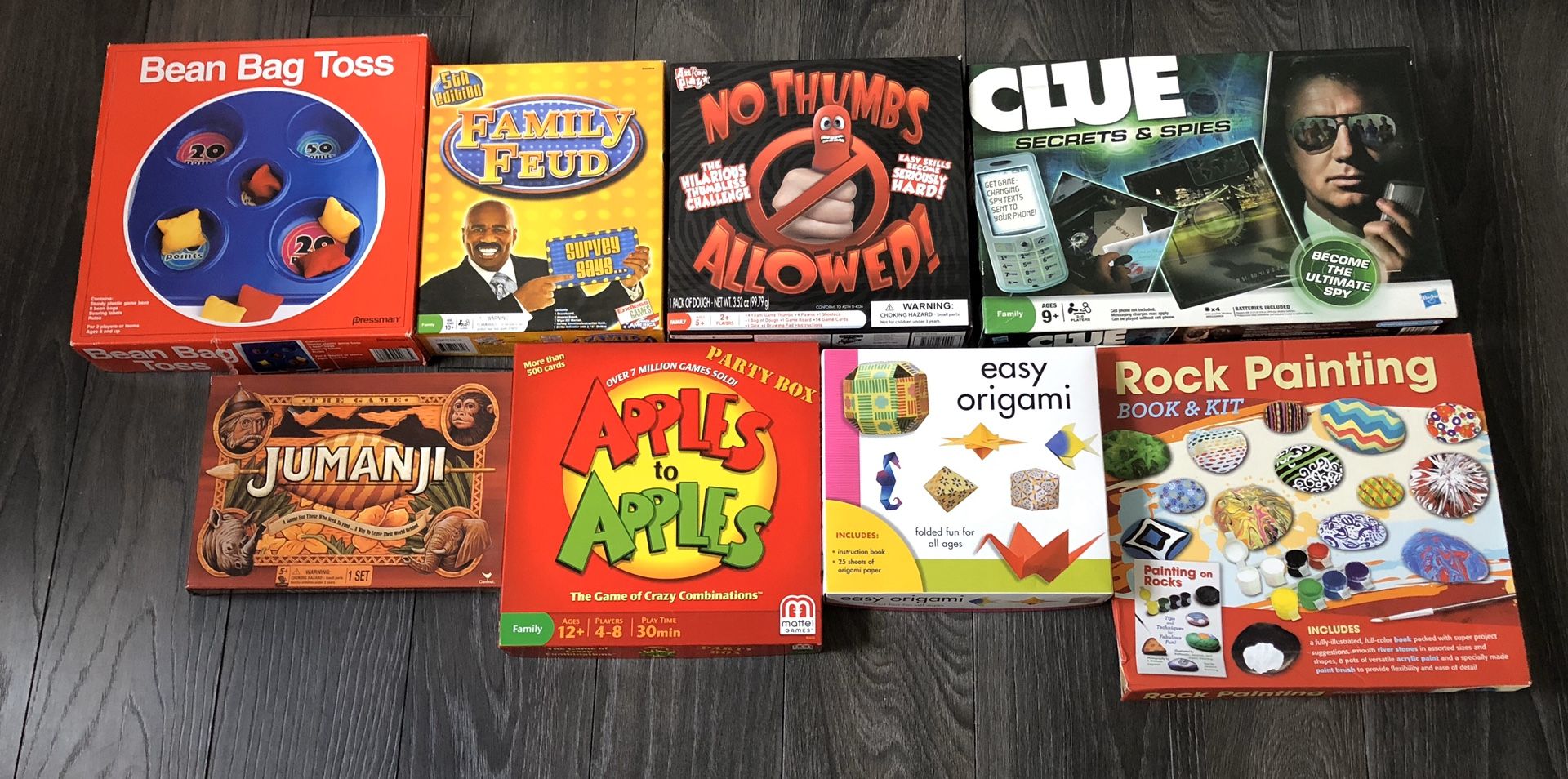 Board games Bean bag toss Family feud clue Jumanji apples to Apples