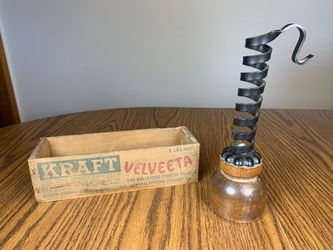 Vintage Kraft Velvets Cheese Box & Iron-Wood Candlestick Primitive Decorations