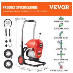 VEVOR Drain Cleaner Machine 120FT x 6/5" 1100W Sectional Snake Auger Manual Feed